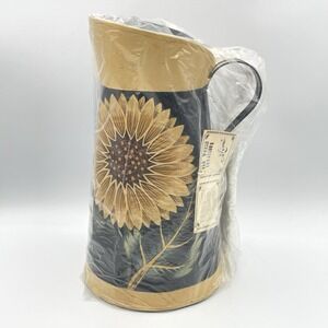 Vintage 1990s Mimi Hand Painted Sunflower Metal Pitcher 11.5" Farmhouse Decor
